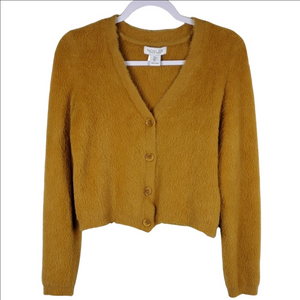Rachel Zoe Mustard V-Neck Long Sleeve Button Front Cozy Cropped Cardigan Sweater